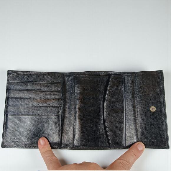 Authentic Prada Saffiano Leather Triangle Logo Trifold Black Wallet - Picture 13 of 16